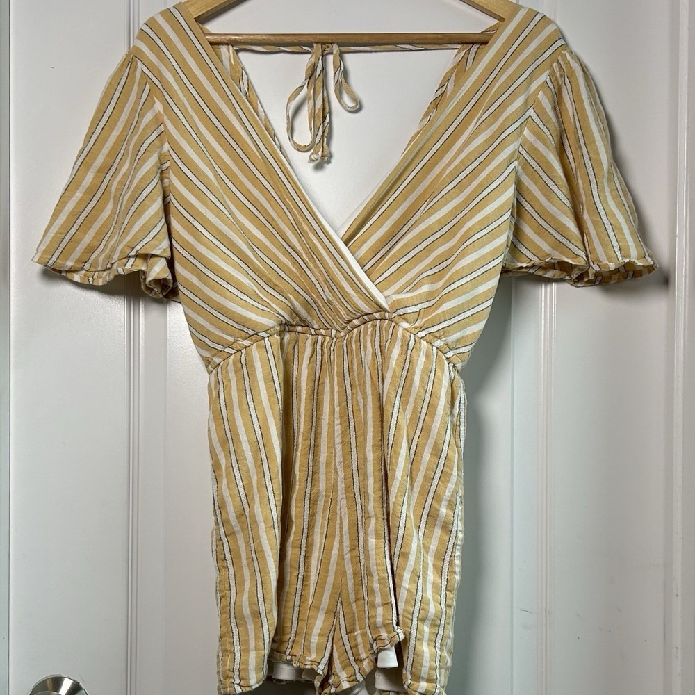 Trixxi Mustard Yellow Stripe Wrap Surplice Flutter Sleeve Romper Boho Chic Style